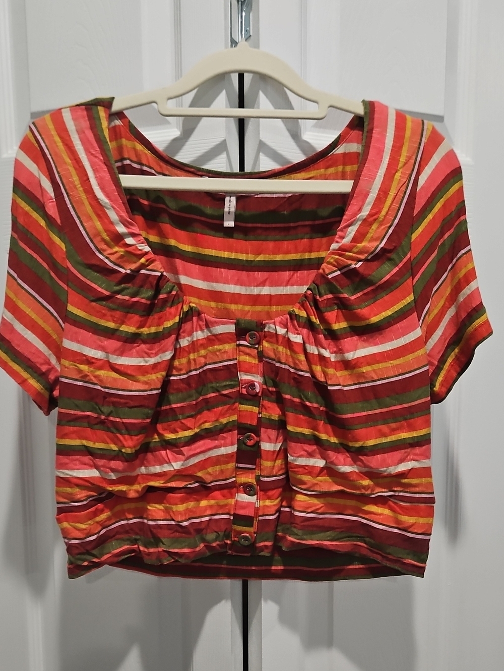 BCBGeneration Striped Button-Front Crop Top in Red, Green, Orange, Pink